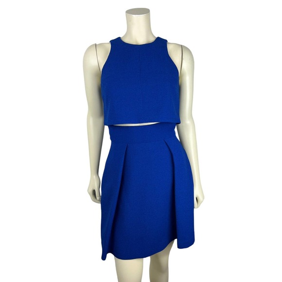 Black Halo Blue 2 Pc Mini Dress 0 Sanibel Skirt Set Pockets Crop Top Pleated - Picture 1 of 12